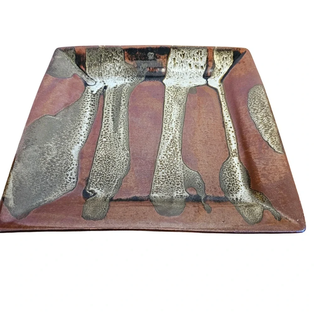 Vintage Studio Art Pottery Square Platter Drip Glaze Stoneware 12